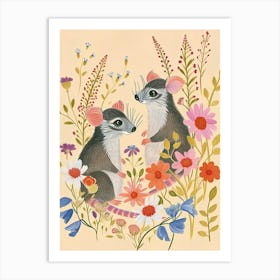 Folksy Floral Animal Drawing Oppossum 2 Art Print