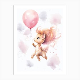 Baby Unicorn Flying With Ballons, Watercolour Nursery Art 1 Art Print