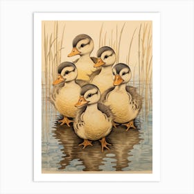 Sweet Ducklings Japanese Woodblock Style 4 Art Print