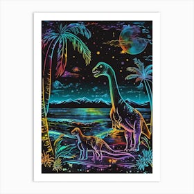 Neon Dinosaur Lines At Night 1 Art Print