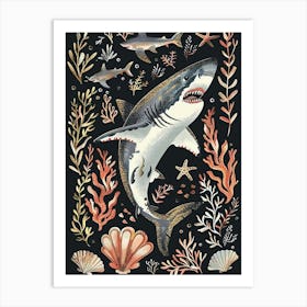 Great White Shark Black Background Illustration 1 Art Print