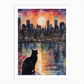 A Black Cat Watches Sunset Over New York Skyline Watercolor, Black Cat in The Big Apple, Witchy Cats, Iconic Cats Watercolour Painting, Colorful Pagan Dreamy Cats Among Wildflowers Living Room Artwork Famous Cityscape, Harbour Wiccan Wheel of The Year, Pretty Cats Yoga Spiritual Giant Buildings, Modern City, New York Reflecting Art Print