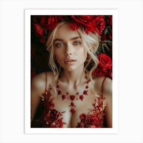 Beautiful Woman With Red Roses Art Print