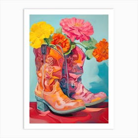 Oil Painting Of Colourful Flowers And Cowboy Boots, Oil Style 3 Art Print