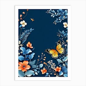 Blue And Orange Flowers, Butterfly And Flowers Wallpaper Art Print