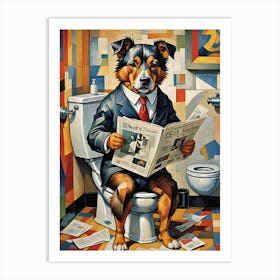 Dog Sitting on Toilet Reading Newspaper Art Print