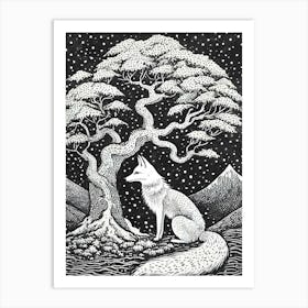 A Mystical Scene Featuring A White Fox Under A Sacred Tree Art Print