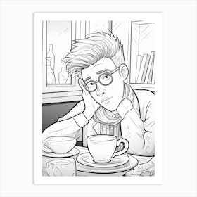 Colouring Book Style Person In Cafe Art Print