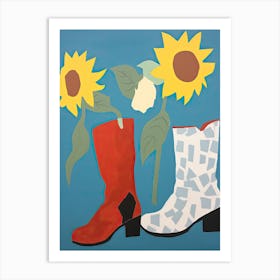 A Painting Of Cowboy Boots With Sunflower Flowers, Pop Art Style 1 Art Print