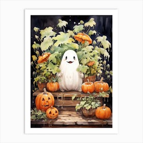 Cute Bedsheet Ghost, Botanical Halloween Watercolour 133 Art Print