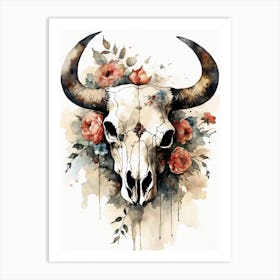 Vintage Boho Bull Skull Flowers Painting (39) Art Print