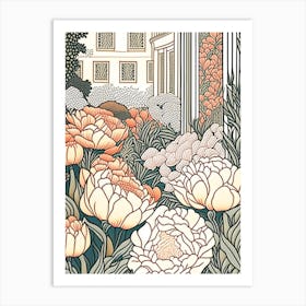 Courtyard With Peonies Orange And Pink 1 Drawing Art Print