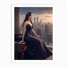 Beautiful Woman Sitting On Piano Art Print