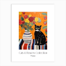 Cats & Flowers Collection Poppy Flower Vase And A Cat, A Painting In The Style Of Matisse 2 Art Print