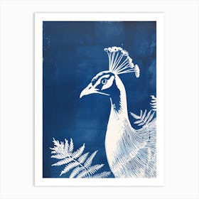 Navy Blue & White Peacock Linocut Inspired Portrait 3 Art Print