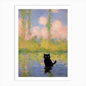 Black Cat And A Monet Inspired Landscape 1 Art Print