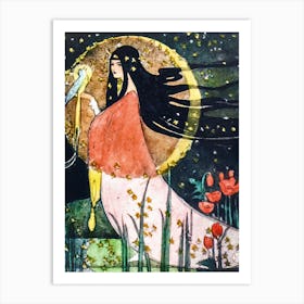 Moonlight Kuu The Finnish Goddess - With Bird Full Moon Japanese Style Victorian Vintage Art Deco Remastered Beautiful Illustration by Ethel Larcombe, The Golden Age - Pagan Witchy Fairytale Fairy Witch Witchcore Cottagecore Stunning 1 Art Print