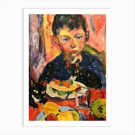 Portrait Of A Boy With Cats Having Dinner 2 Art Print