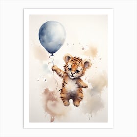 Baby Tiger Flying With Ballons, Watercolour Nursery Art 2 Art Print
