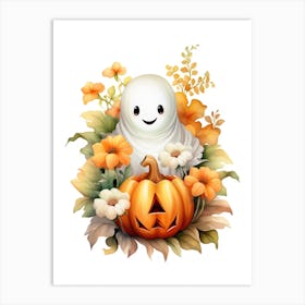 Cute Ghost With Pumpkins Halloween Watercolour 60 Art Print