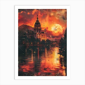 Sunset Over The Lake, Cityscape Collage Retro Art Print