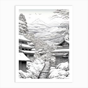 Shirakawa Go In Gifu, Ukiyo E Black And White Line Art Drawing 2 Art Print