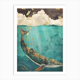 Whale Ocean Painting Gold Blue Effect Collage 4 Art Print