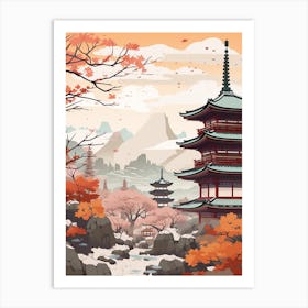 Vintage Winter Travel Illustration Kyoto Japan 2 Art Print