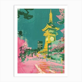 Sapporo Clock Tower Japan Retro Duotone Silkscreen 2 Art Print