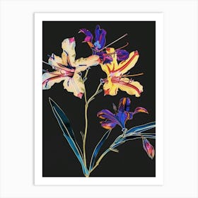 Neon Flowers On Black Larkspur 2 Art Print