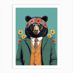Floral Black Bear Portrait In A Suit (24) Art Print