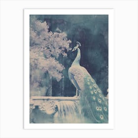 Vintage Turquoise Cyanotype Of A Peacock In A Fountain  2 Art Print