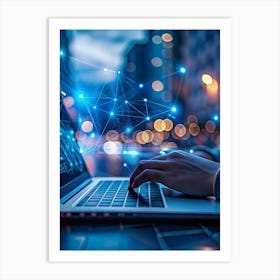 Person Using A Laptop In A City At Night Art Print