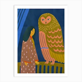 Owl And Woman Girl Art Print