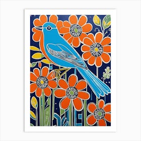 Blue Bird In Orange Flowers Art Print