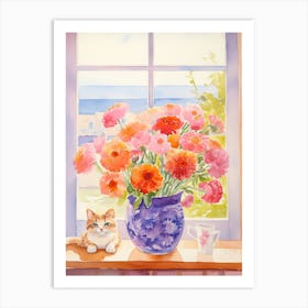 Cat With Ranunculus Flowers Watercolor Mothers Day Valentines 1 Art Print