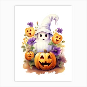 Cute Ghost With Pumpkins Halloween Watercolour 98 Art Print