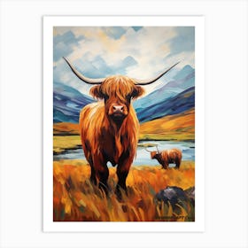 Orange Brushstrokes Of Highland Cows Art Print