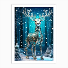 Whimsical Robot Shaped After A Majestic Deer Adorned With Intricate Teal And Iridescent Accents St Art Print