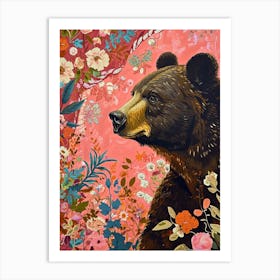 Floral Animal Painting Brown Bear 2 Art Print