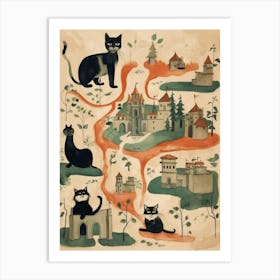 Black Cats On A Medieval Village Map Warm Tones Art Print