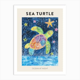 Sea Turtle At Night Crayon Poster 1 Art Print