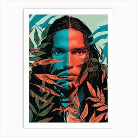 Man With Long Hair And Leaves Art Print