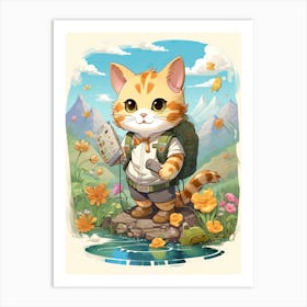 Kawaii Cat Drawings Hiking 1 Art Print