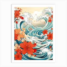 Great Wave With Daffodil Flower Drawing In The Style Of Ukiyo E 1 Art Print