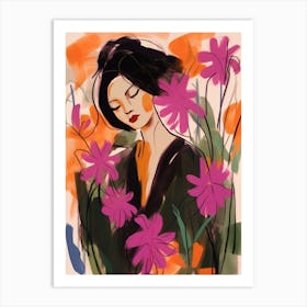 Woman With Autumnal Flowers Fuchsia 1 Art Print