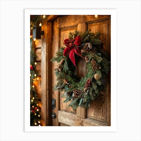 Extreme Close Up Photo Of A Festive Wreath Adorned With Holiday Decorations And Pine Needles Hanging Art Print