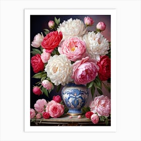 Digital Painting Of An Ornate Vase Cradling Roses And Peonies Bathed In Soft Lighting With Rich Vi Art Print