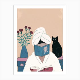 Girl Reading Books With A Black Cat Art Print