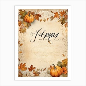 Autumn Themed Calligraphy The Text Delicately Forming The Words For Happy Thanksgiving An Homage (6) Art Print